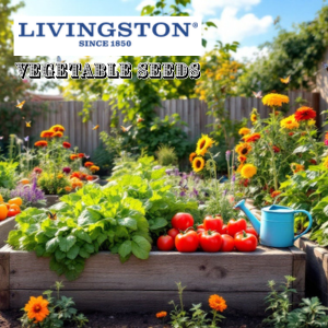 Livingston Seeds Vegetables pour from a cornucopia on a table in a garden